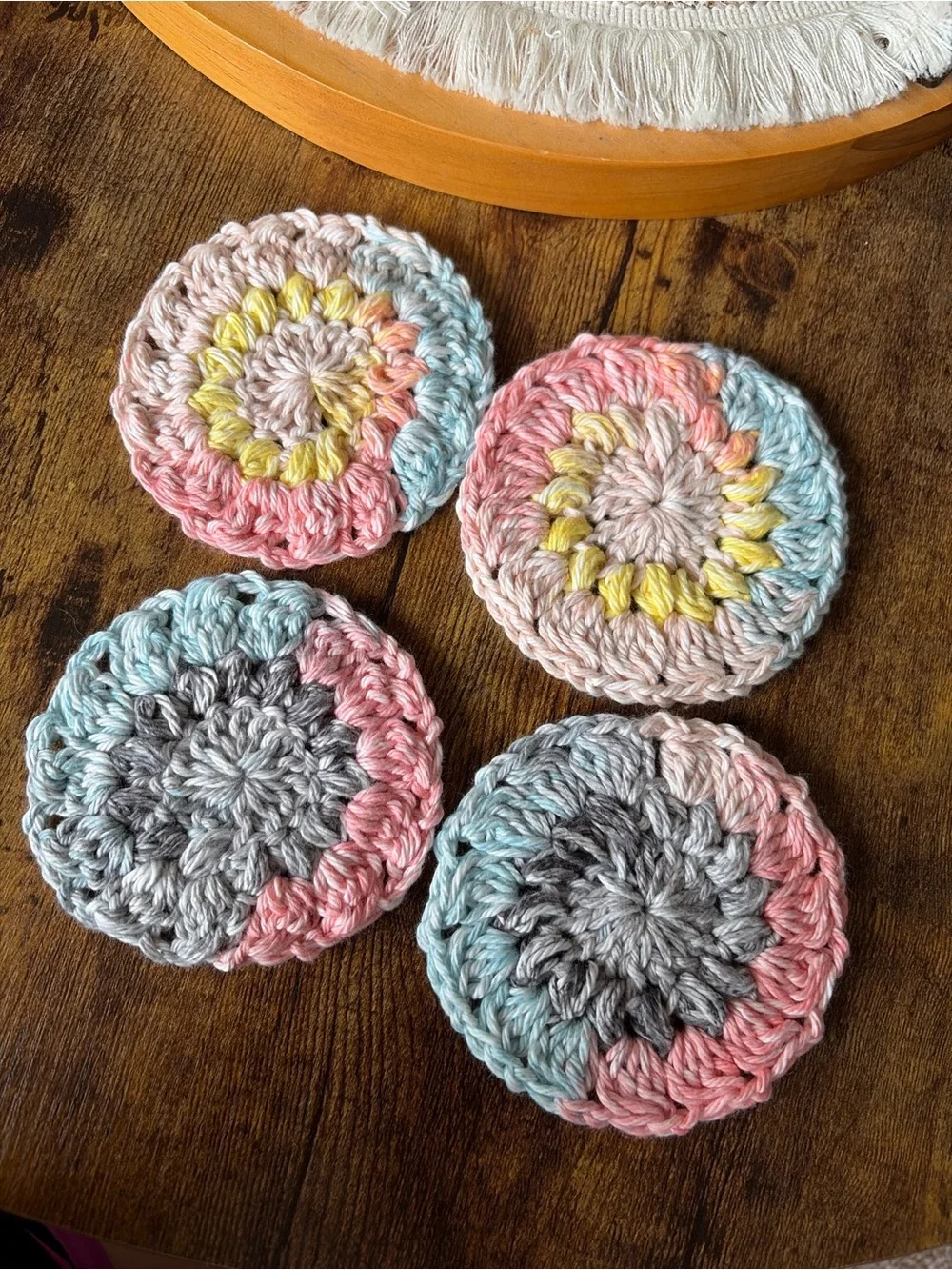 Hand Crafted Pastel Crochet Round Coasters in Pink, Blue, Gray, Cream